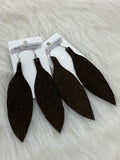 Large Leather Fringe Feather Earrings Dark Brown Glitter