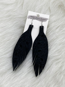 Large Leather Fringe Feather Earrings Black Print