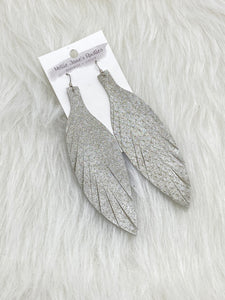 Large Leather Fringe Feather Earrings Shiney Silver