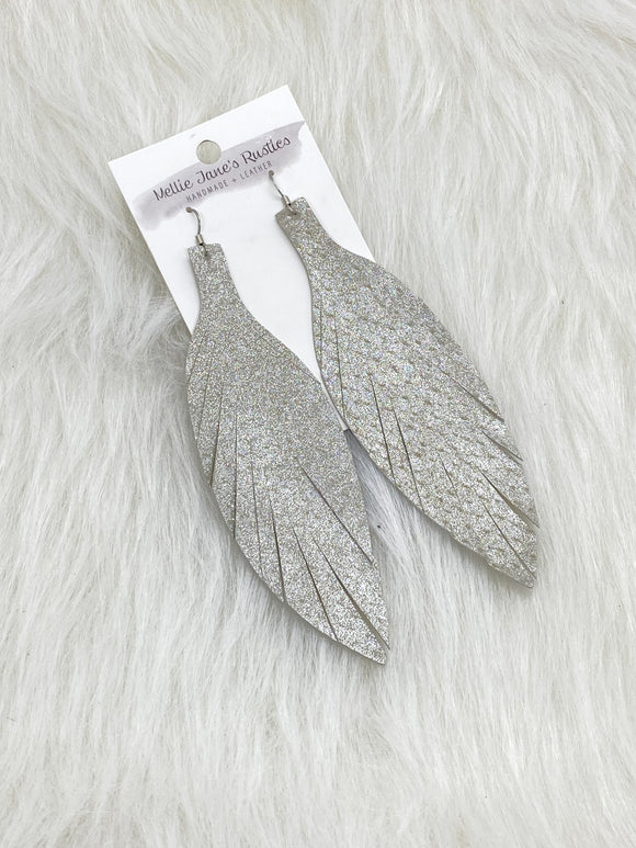 Large Leather Fringe Feather Earrings Shiney Silver