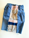 Denim cutoff shorts with quilt patchwork sides