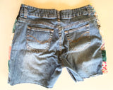 Denim cutoff shorts with quilt patchwork sides