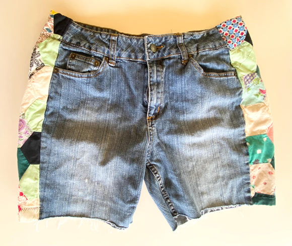 Denim cutoff shorts with quilt patchwork sides