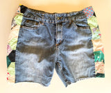 Denim cutoff shorts with quilt patchwork sides