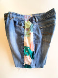 Denim cutoff shorts with quilt patchwork sides