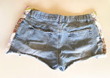 Boho cutoff denim shorts with vintage quilt patchwork