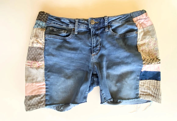 Denim cutoff shorts with quilt patchwork sides