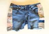 Denim cutoff shorts with quilt patchwork sides