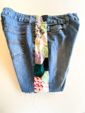 Denim cutoff shorts with quilt patchwork sides