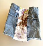 Denim cutoff shorts with quilt patchwork sides
