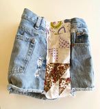 Denim cutoff shorts with quilt patchwork sides