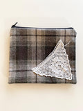 wool zipper pouch with crochet piece