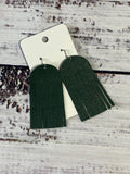 Round top Leather Fringe Earrings lightweight handmade Hunter Green