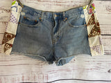 Boho cutoff denim shorts with vintage quilt patchwork