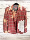 Altered red flannel women’s vintage quilt blocks and doilies wrangler brand