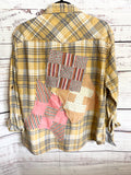 Altered gray and yellow flannel women’s vintage quilt blocks and doilies