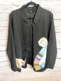 Upcycled black blazer women’s vintage quilt blocks and doilies XL
