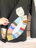 Upcycled black blazer women’s vintage quilt blocks and doilies XL