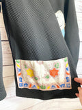 Upcycled black blazer women’s vintage quilt blocks and doilies XL