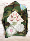 Camo Military Jacket Upcycled vintage quilt blocks and doilies Medium