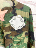 Camo Military Jacket Upcycled vintage quilt blocks and doilies Medium
