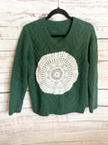 Green Upcycled women’s sweater with vintage doily applique