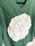 Green Upcycled women’s sweater with vintage doily applique