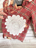 Altered red flannel women’s vintage quilt blocks and doilies wrangler brand