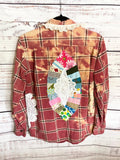 Altered red flannel women’s vintage quilt blocks and doilies wrangler brand