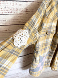 Altered gray and yellow flannel women’s vintage quilt blocks and doilies