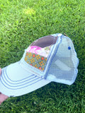 Distressed Trucker Hat quilt block and lace cream