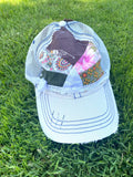 Distressed Trucker Hat quilt block and lace cream
