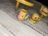 Vintage wood dollhouse table chairs pitcher cup handpainted