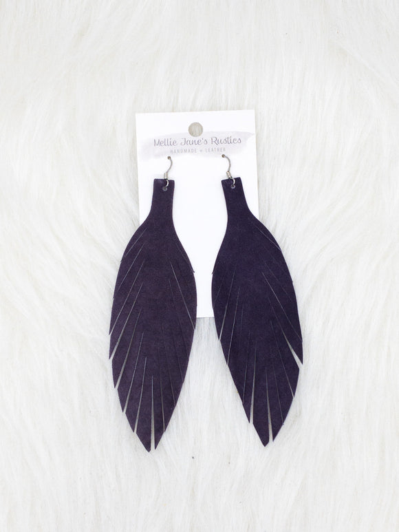 Large Leather Fringe Feather Dark Purple