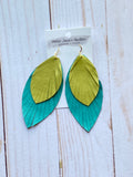 Layered Recycled Leather Earrings Lime and Aqua