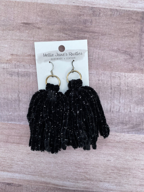 Black Glitter Chenille Tassel Earrings